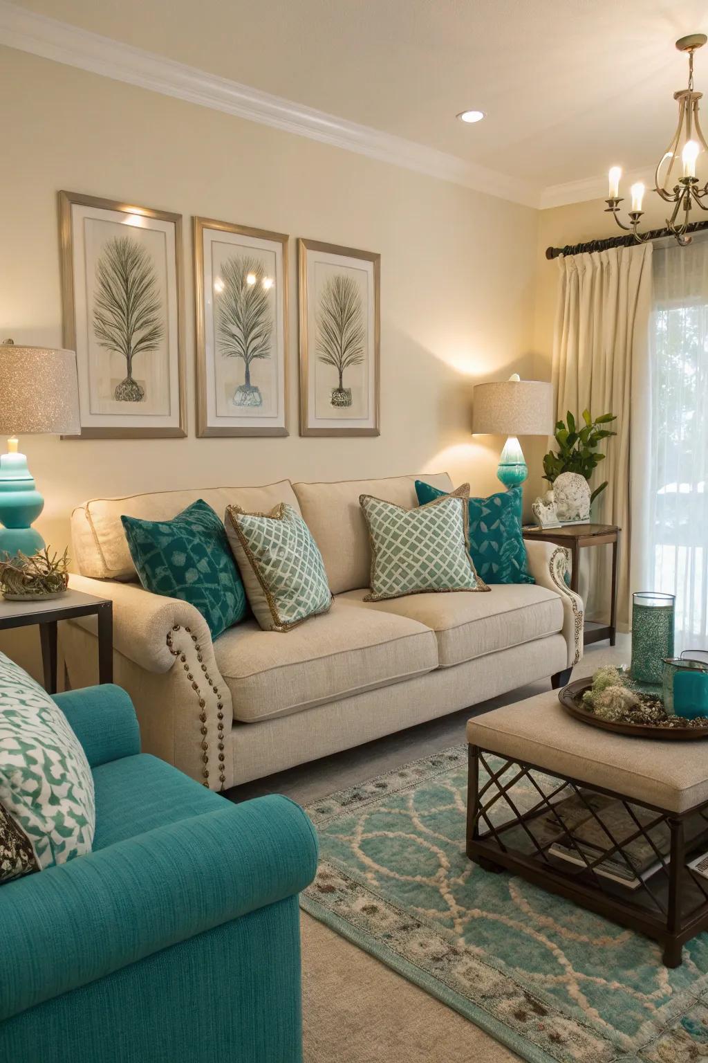 Lighting that enhances the vibrancy of teal and beige tones.