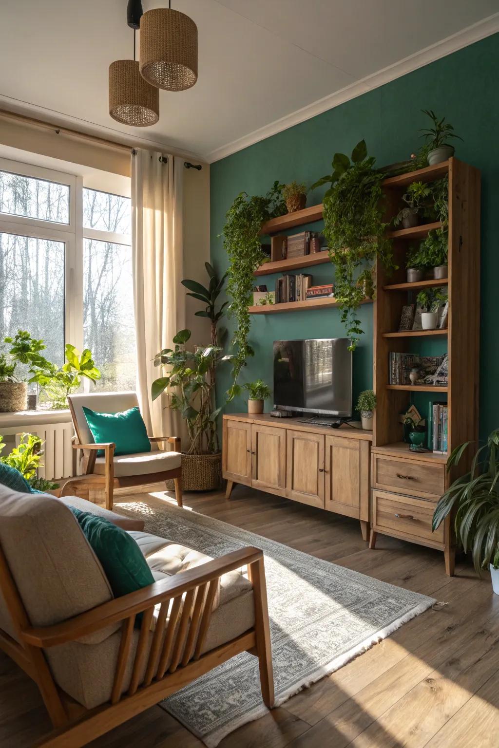 Wood and greenery harmonize beautifully with teal and beige tones.