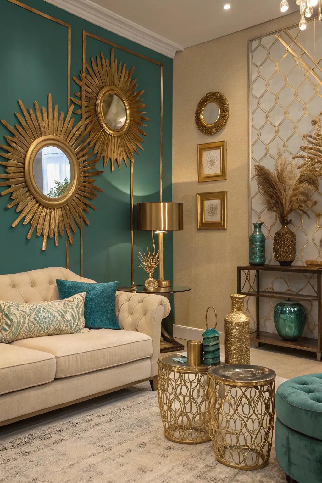 Gold and brass accents elevate the teal and beige palette.