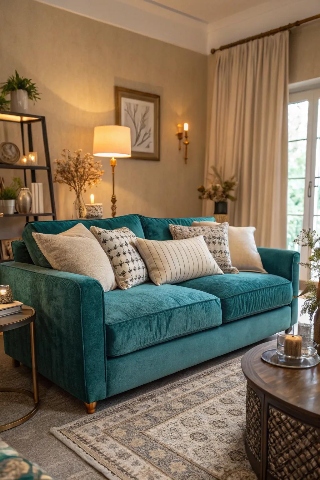 Combining velvet and linen textures in teal and beige adds cozy depth.
