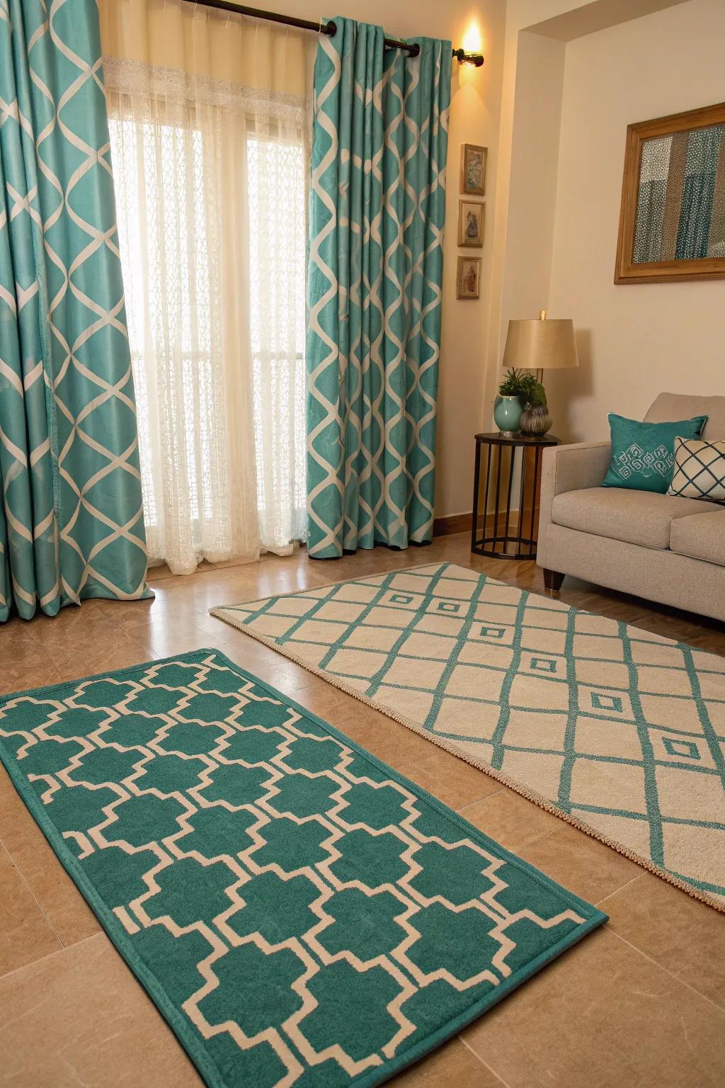 Teal and beige geometric patterns add energy and style.