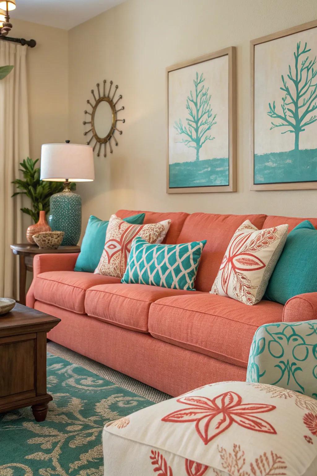 Coral accents add a lively contrast to teal and beige.
