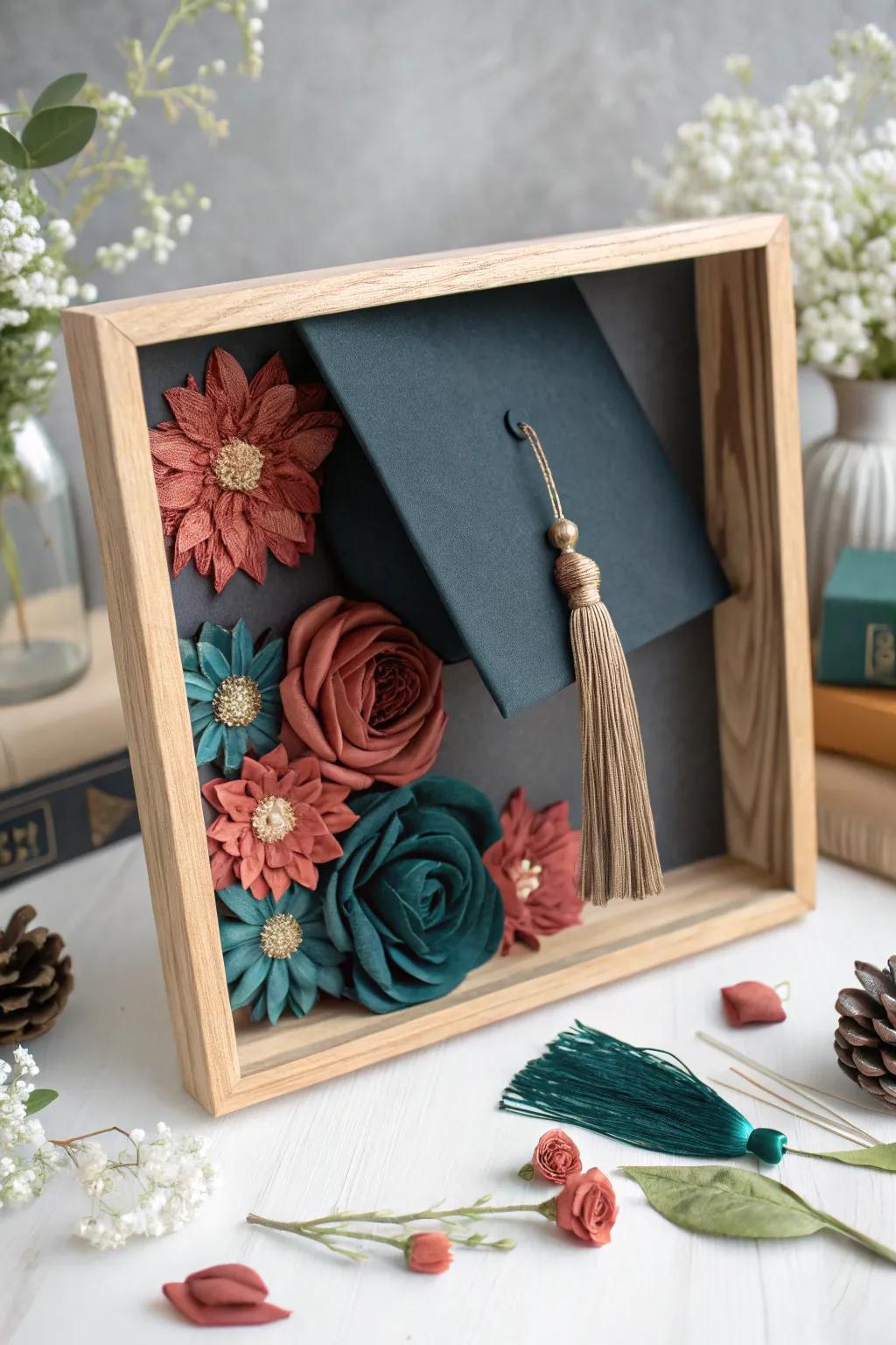 Add a handcrafted charm to your graduation shadow box with unique DIY accents.