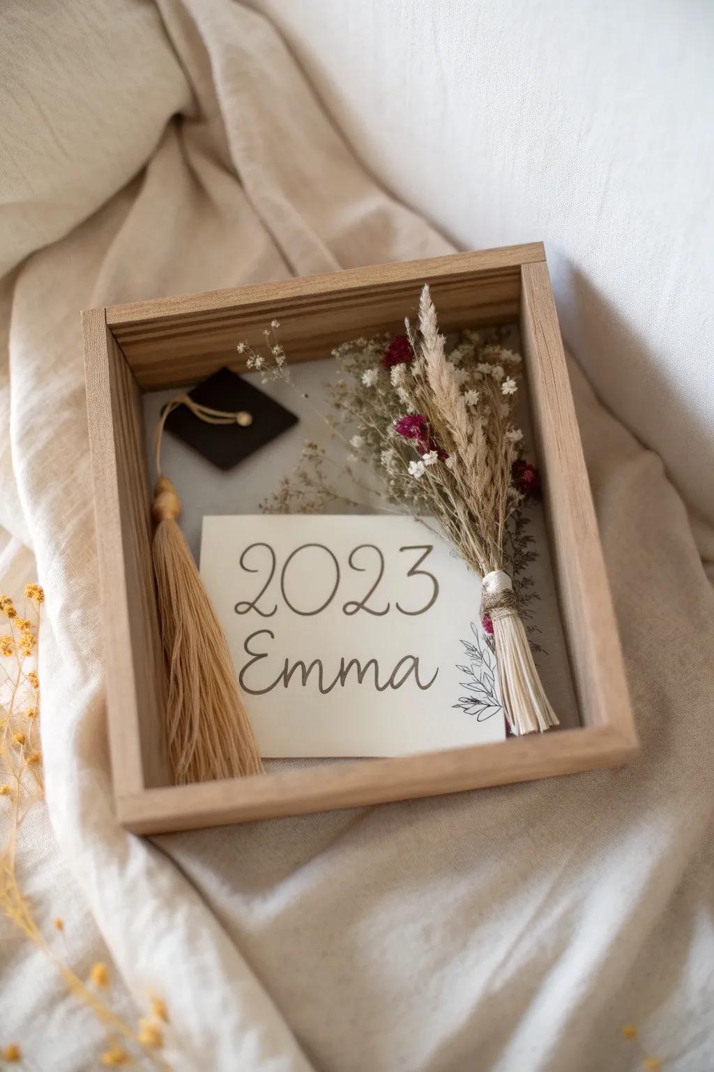 Minimalist shadow box featuring your graduation year and name for a timeless keepsake.