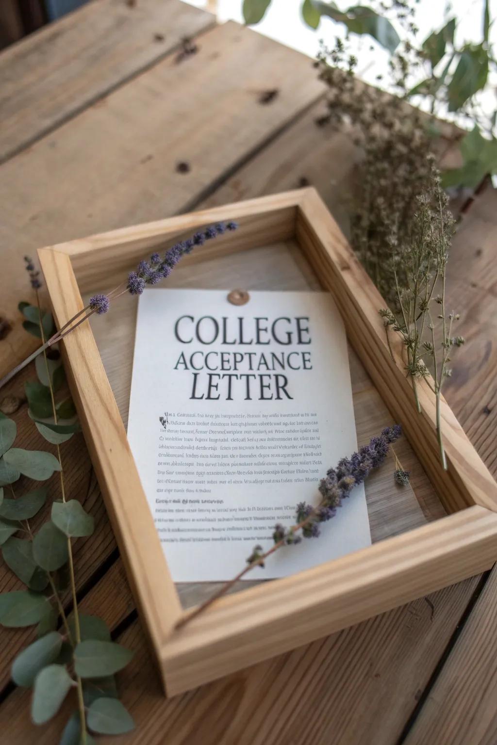 Commemorate new beginnings with a shadow box featuring acceptance letters.