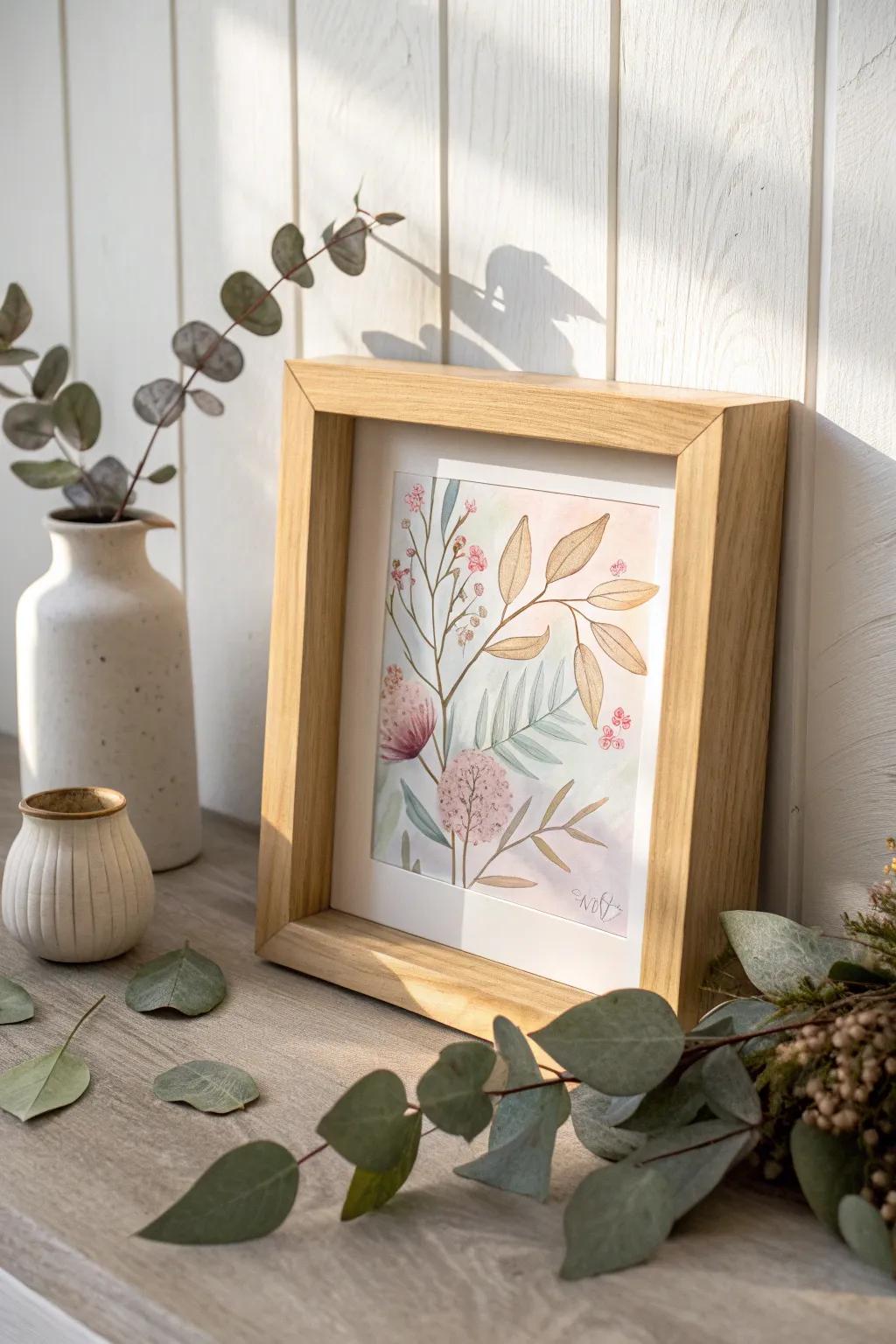 Add a creative flair to your shadow box with artwork from your school years.