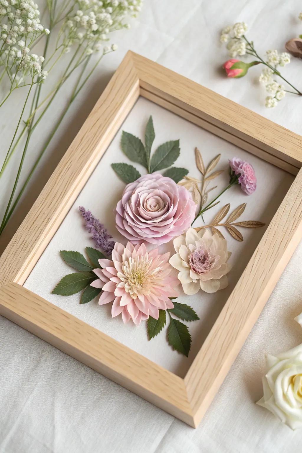 Enhance your shadow box with pressed flowers for a natural and elegant touch.