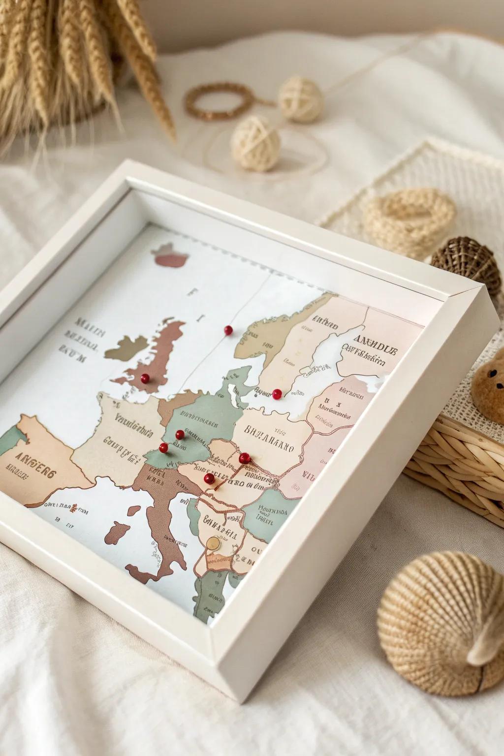 Visualize your academic journey with a shadow box featuring a map of meaningful locations.