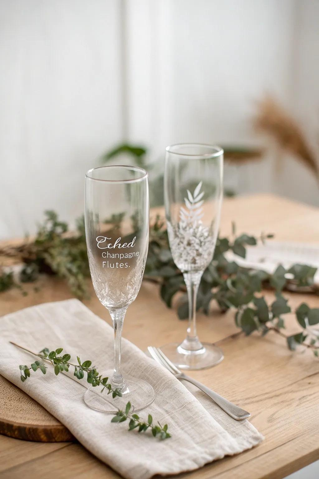 Celebrate in style with champagne flutes etched with names or heartfelt messages.