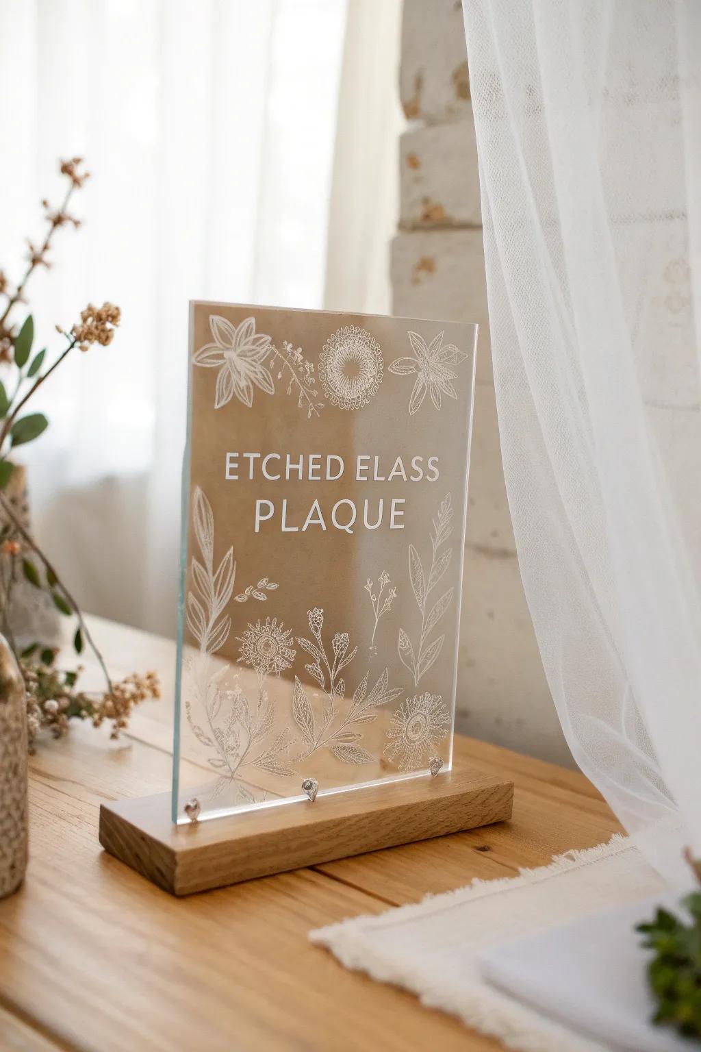 Mark special moments with elegant etched glass plaques that serve as lasting mementos.