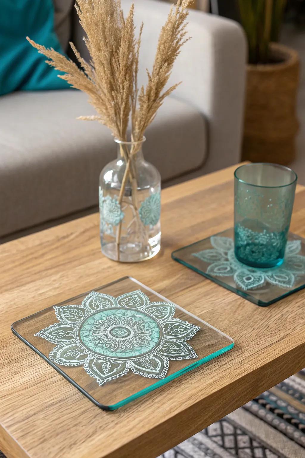 Combine practicality and beauty with etched glass coasters that protect and decorate your surfaces.