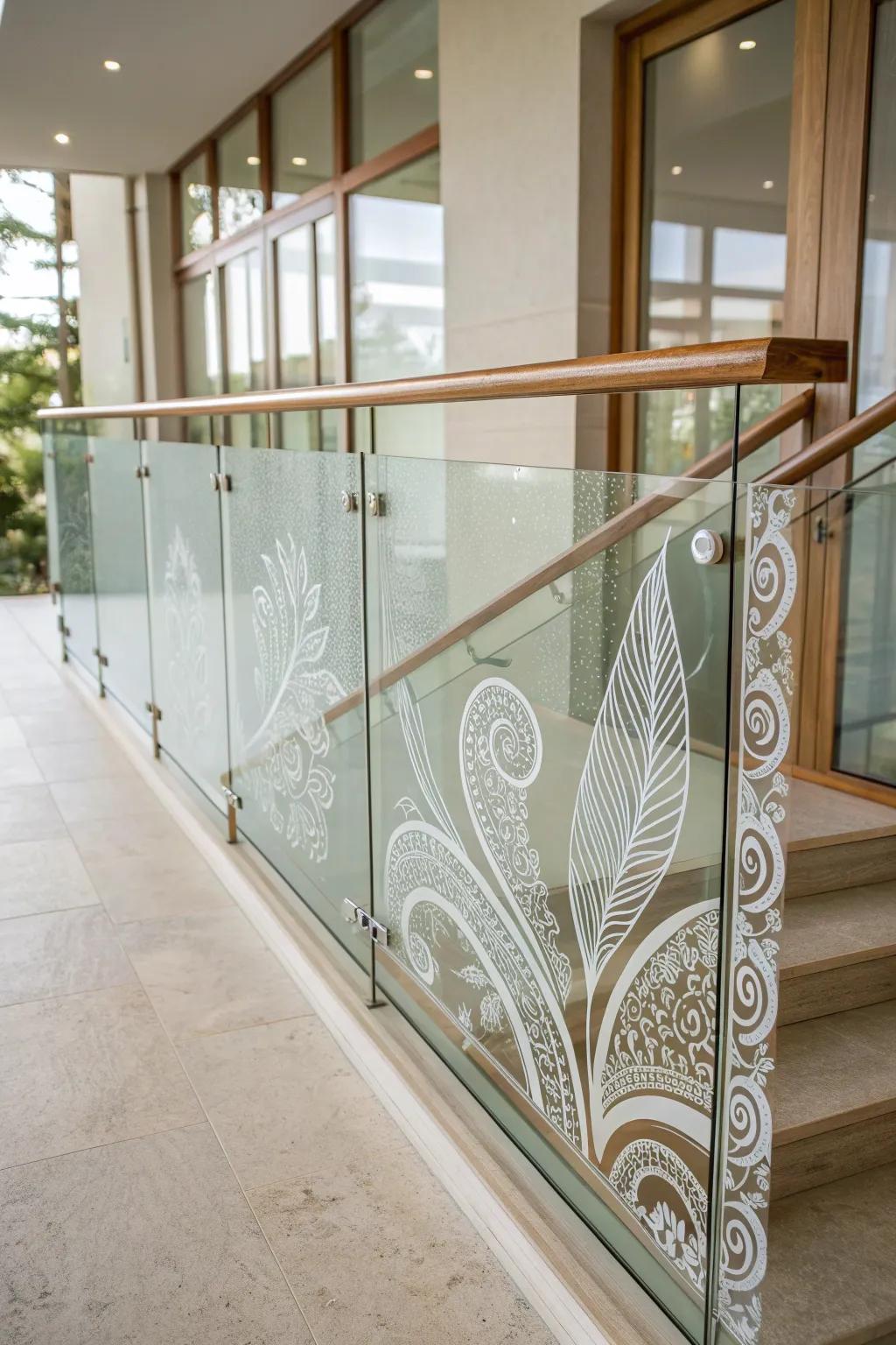 Turn your staircase into a masterpiece with beautifully etched glass railings.