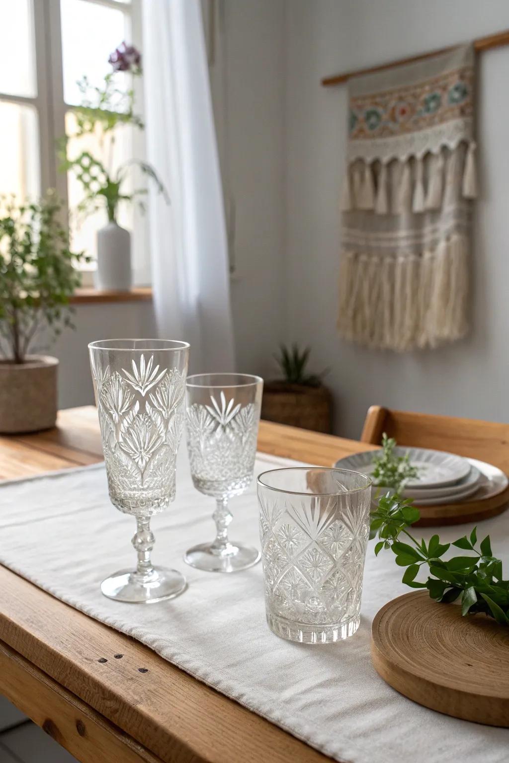 Host with style using glassware sets etched with cohesive, elegant themes.