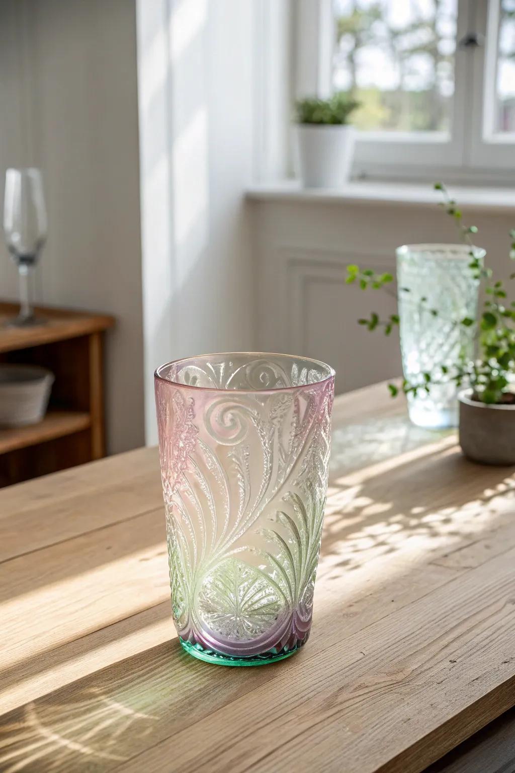 Bring color and sophistication to your table with beautifully etched and painted glassware.