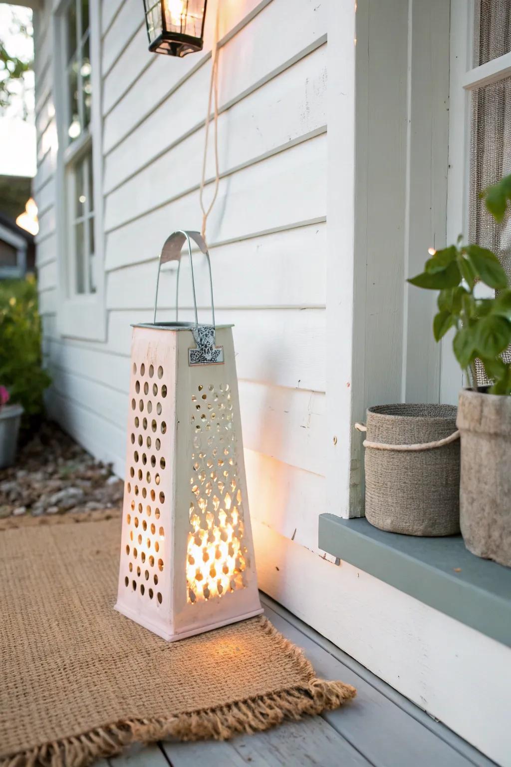 Creative cheese grater lantern casting whimsical light patterns.