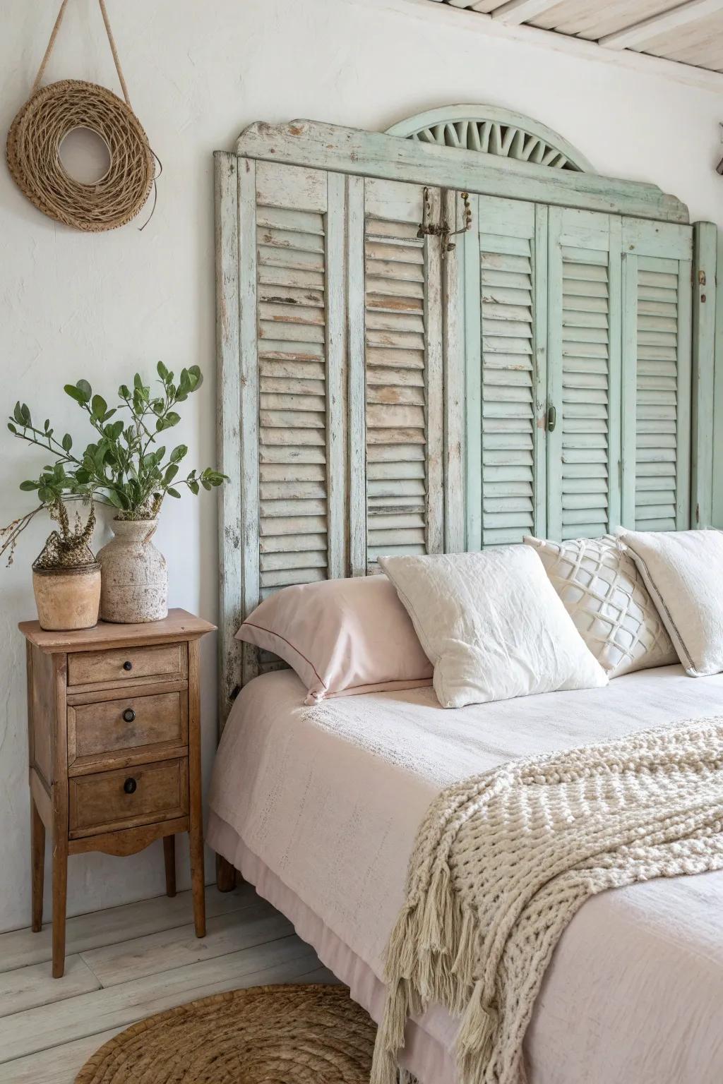 Old shutters transformed into a charming, minimalist headboard.