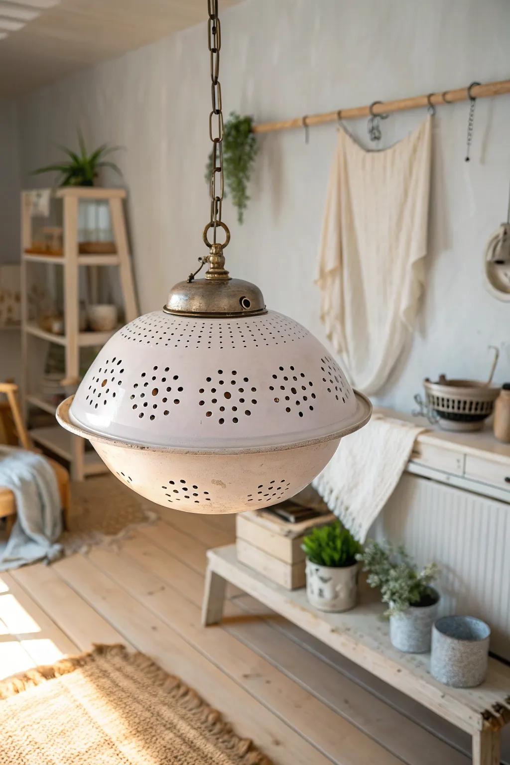 Vintage colander repurposed into a stylish pendant light.
