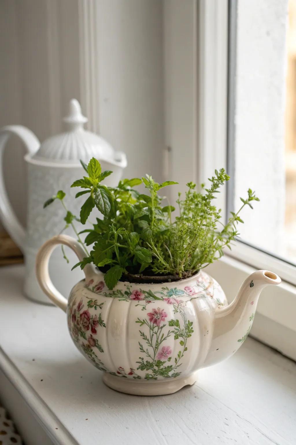 Whimsical vintage teapot repurposed as a planter on a sunny windowsill.