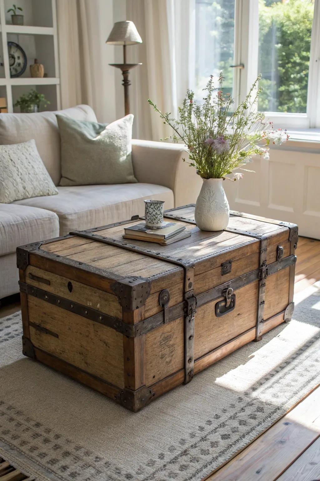 Vintage trunk converted into a stylish coffee table with storage.