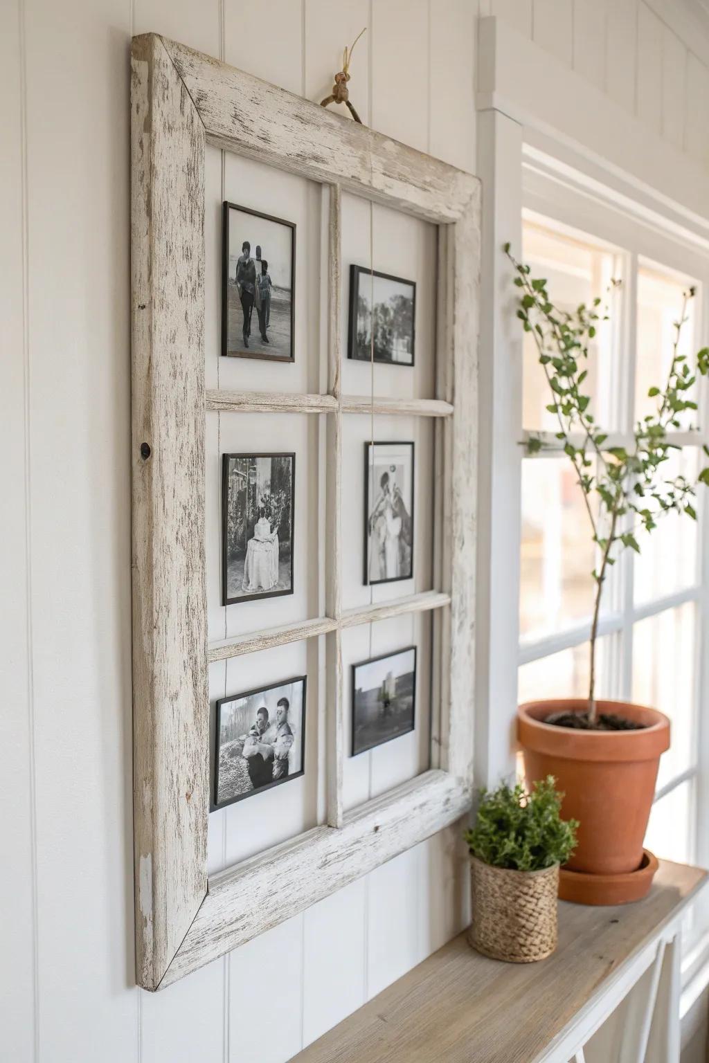 Vintage window frames used as charming photo displays.