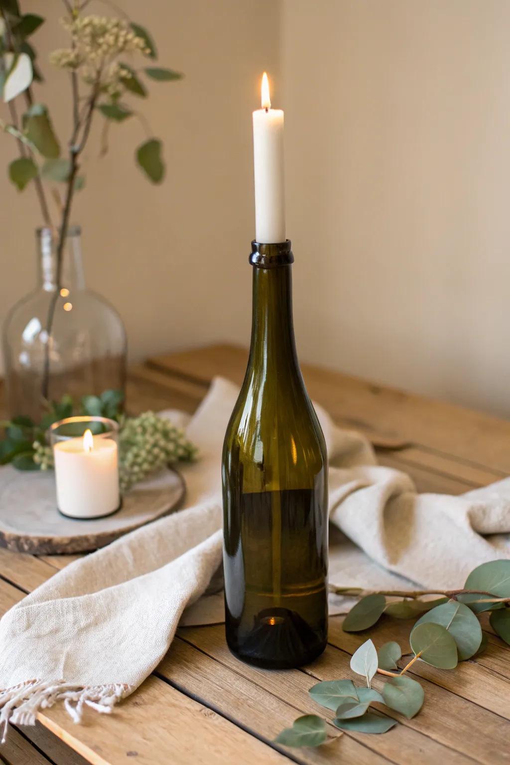 Wine bottles converted into chic candle holders for cozy ambiance.