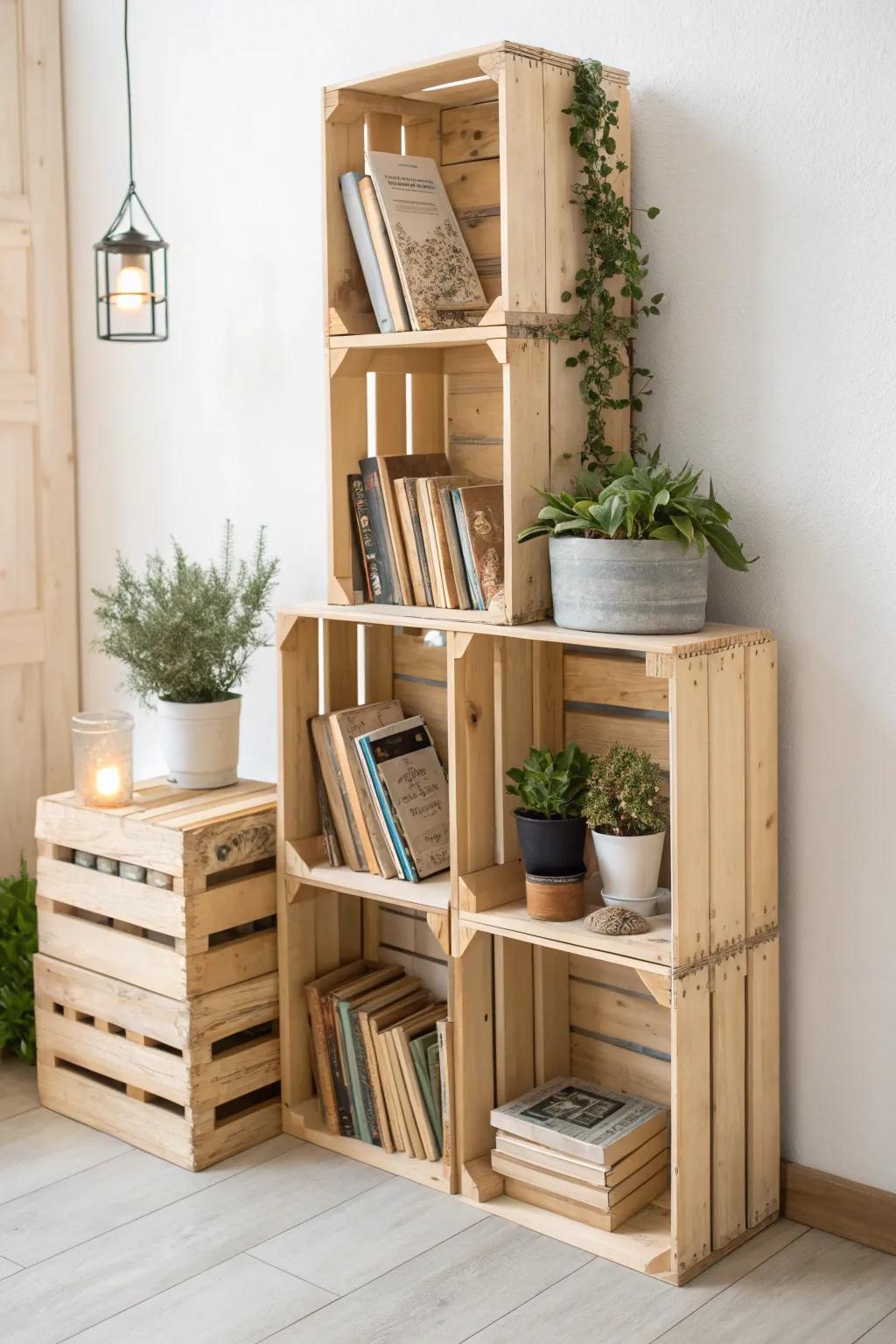 Stacked wooden crates repurposed into a stylish bookshelf.