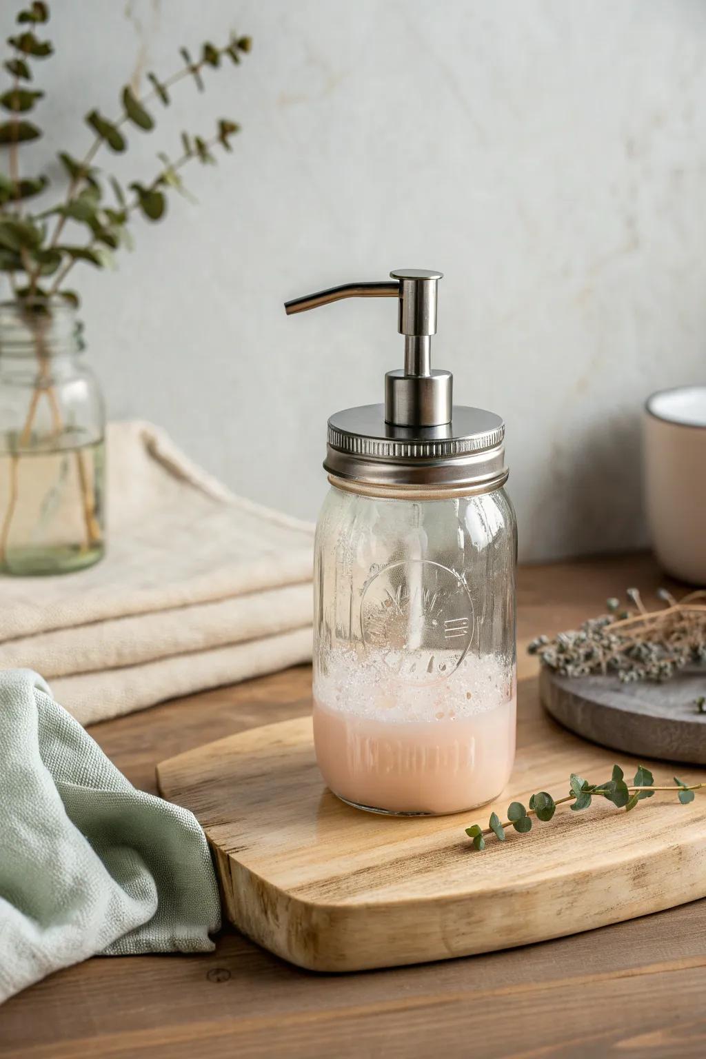 Mason jars repurposed as charming soap dispensers with rustic appeal.
