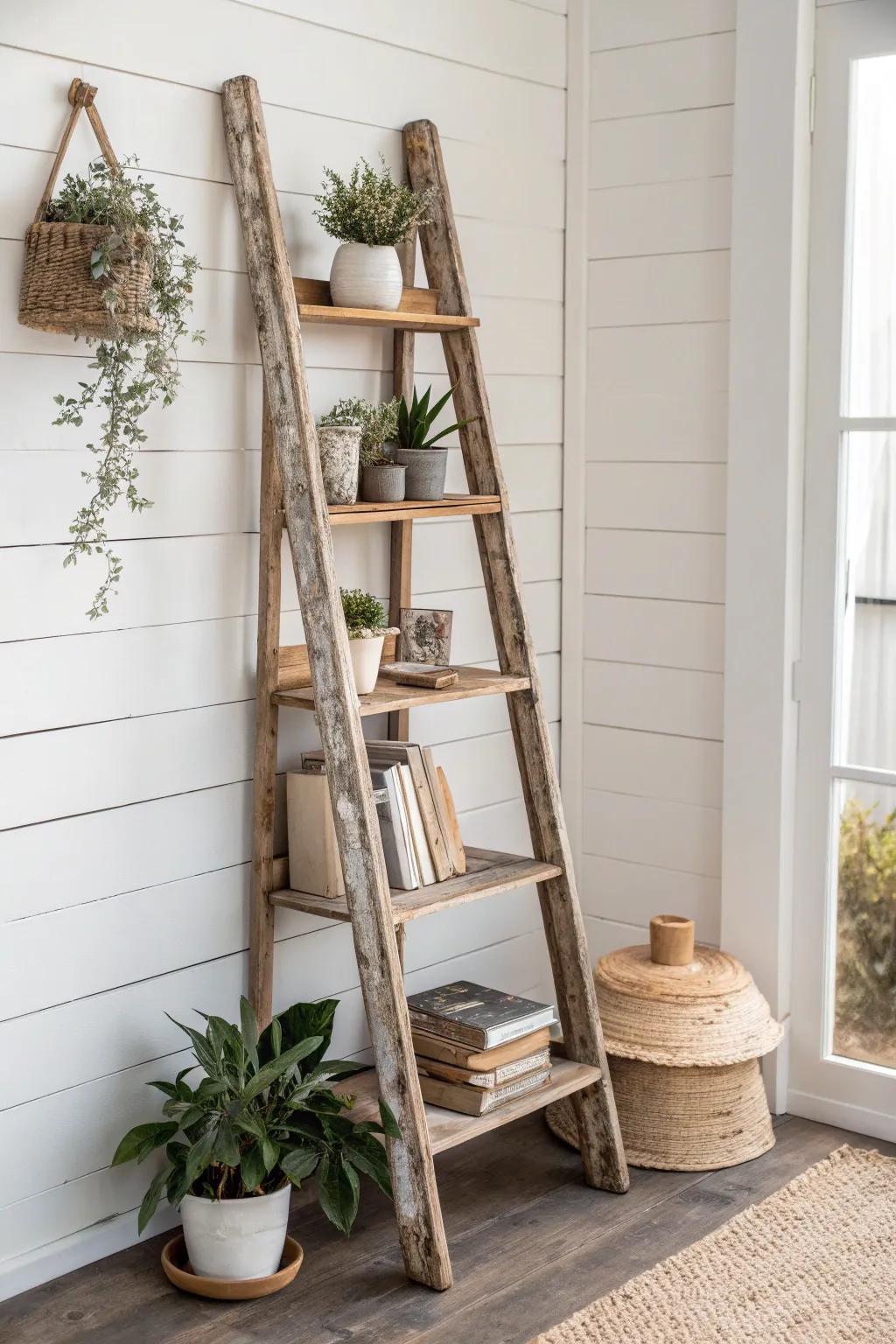 Charming ladder converted into a rustic shelf.