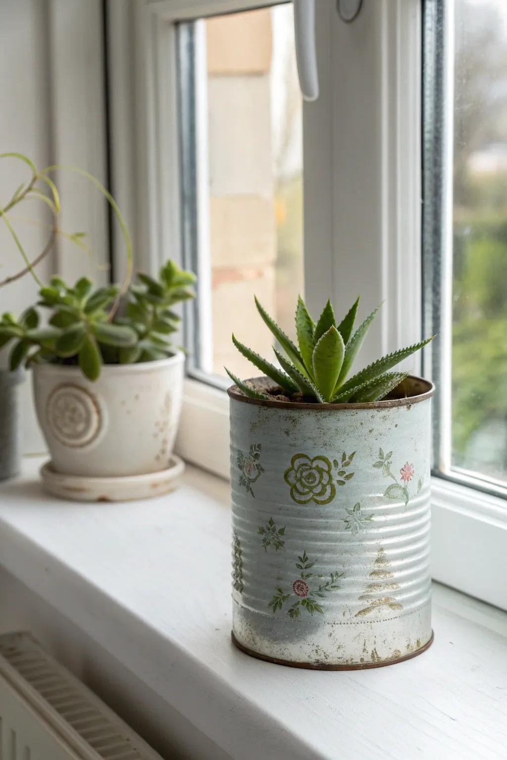 Rustic tin containers used as charming plant holders.