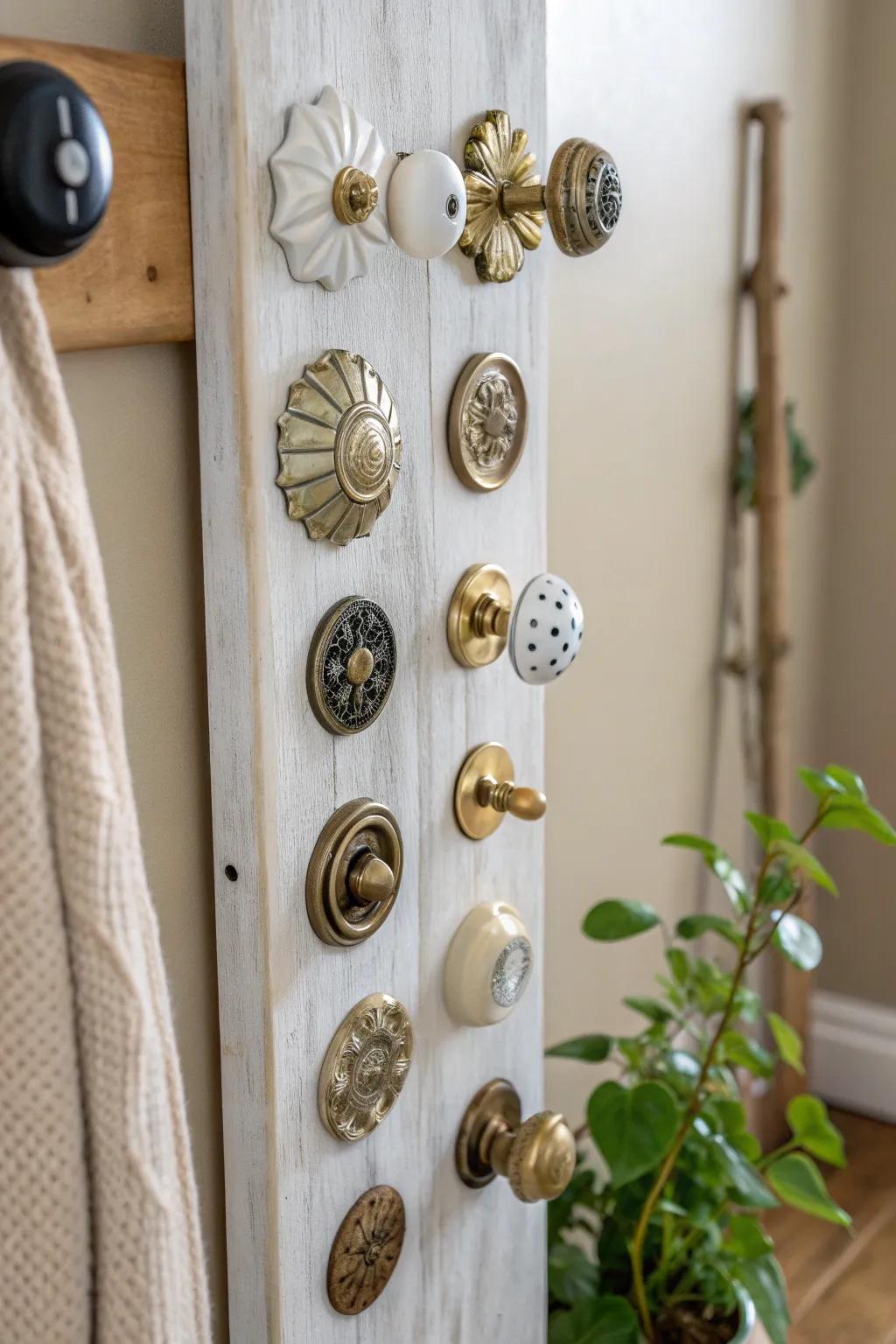 Vintage door knobs repurposed into a functional coat rack.