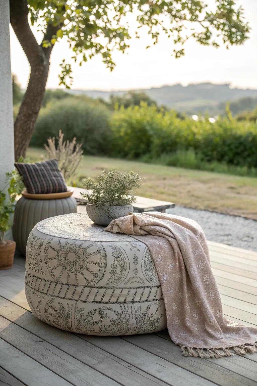 Eco-friendly garden ottomans crafted from old tires with fabric covers.