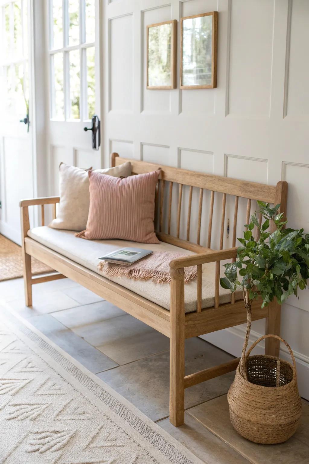 Repurposed bed frame transformed into a chic entryway bench.