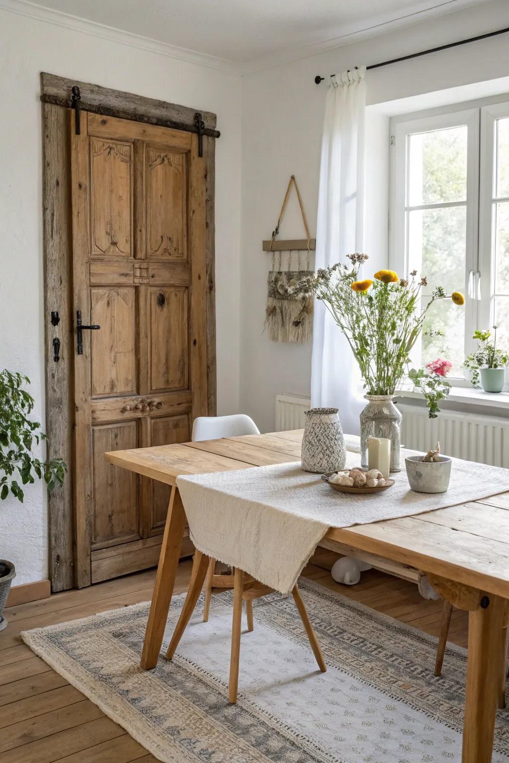 Old door transformed into a stylish dining table.