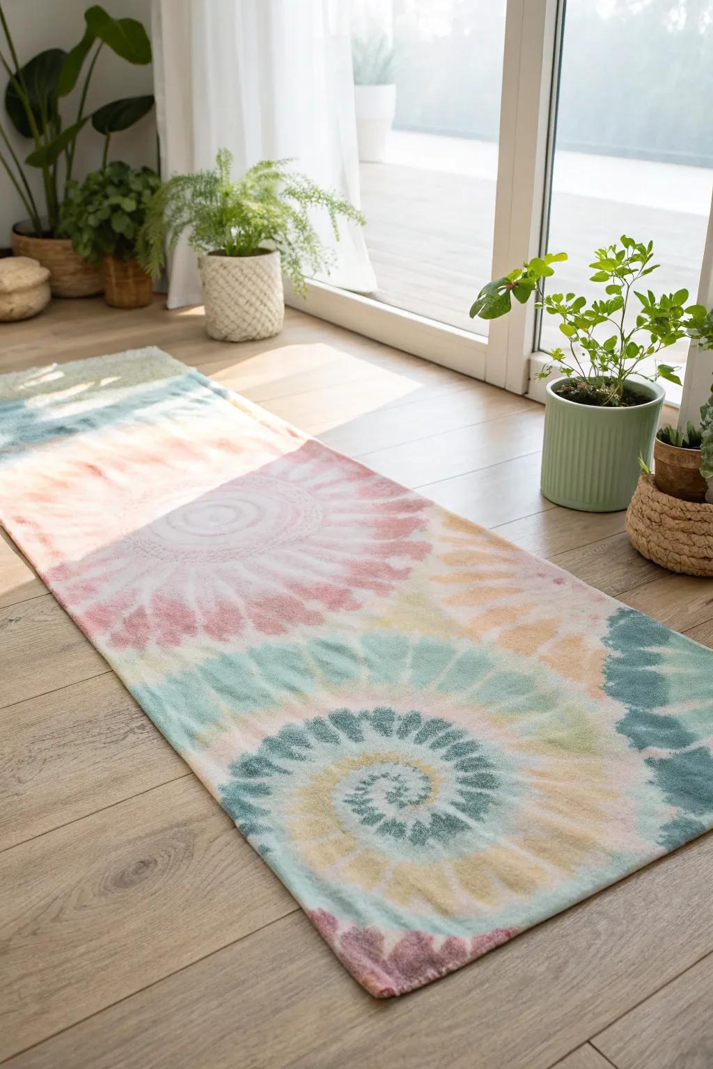 Enhance your yoga sessions with a calming and colorful tie dye mat.