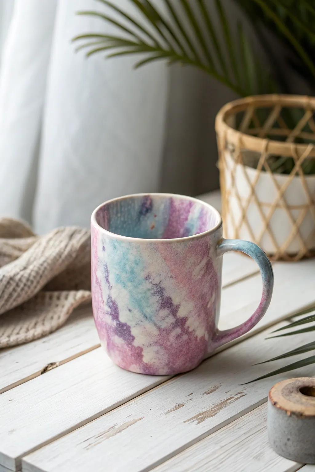 Enjoy your favorite beverages in style with artistic tie dye mugs.