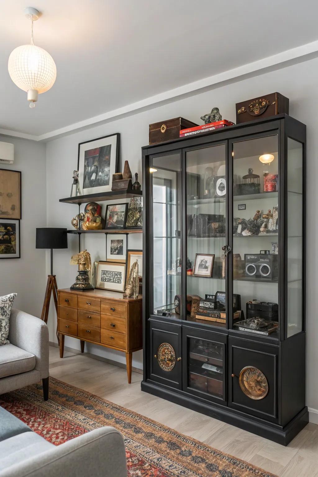Create intrigue with a cabinet filled with eclectic curiosities.