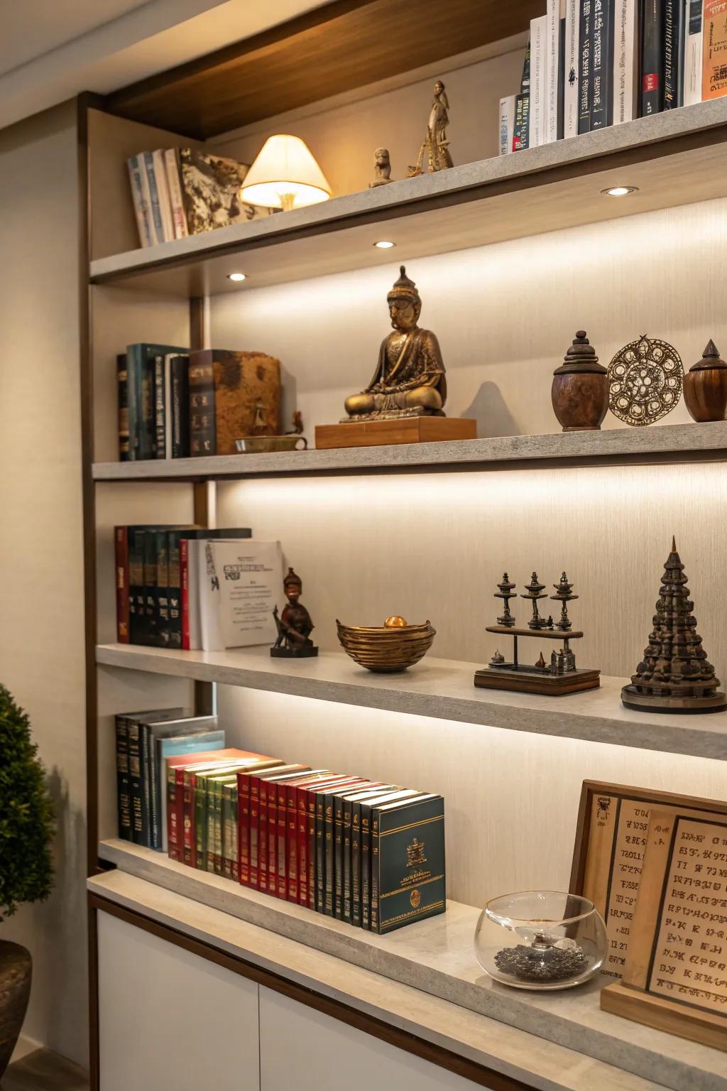 Combine literature and artifacts for a sophisticated shelf display.