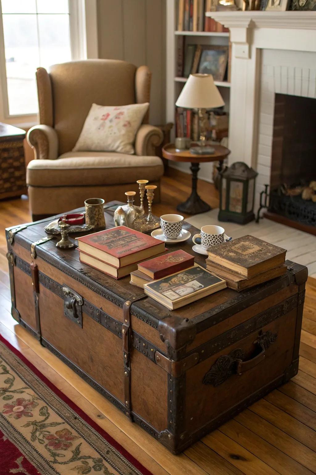Add character and function with vintage trunk storage.