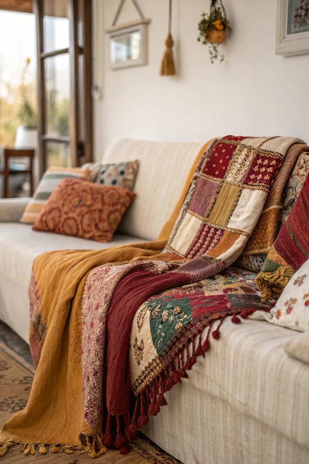 Add texture and color by mixing textiles in your decor.