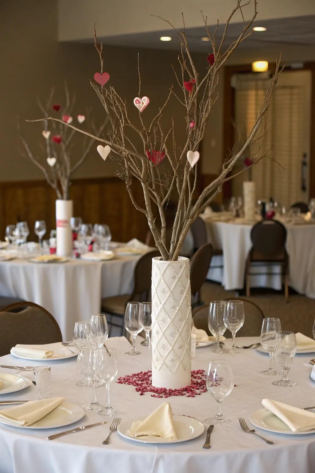Heart branch centerpieces combine nature and Valentine's spirit.