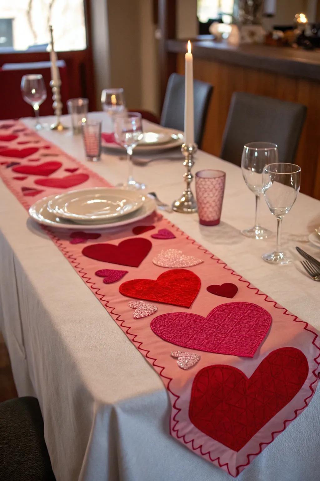 Heart table runner creates a festive dining atmosphere.