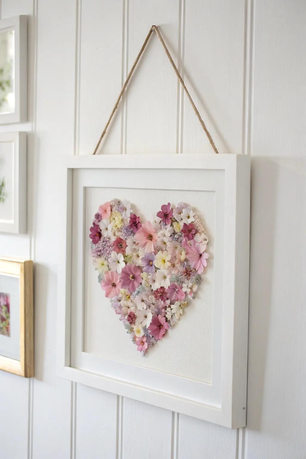 Pressed flower heart art preserves natural beauty.
