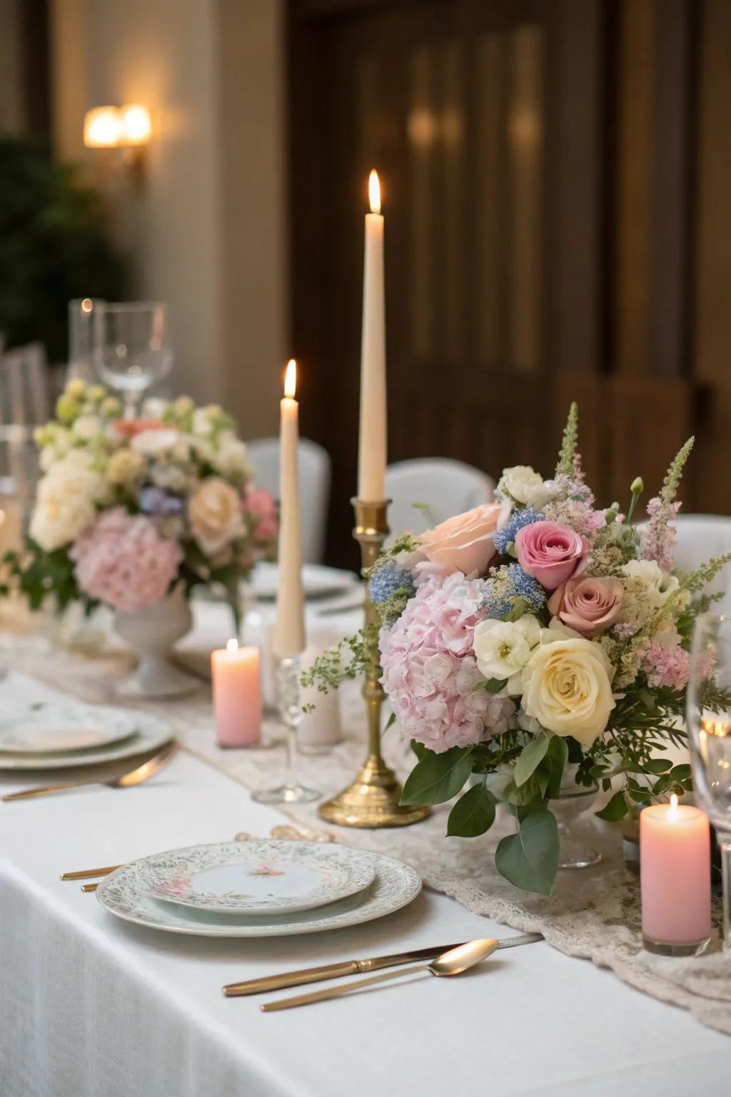 Faux floral tablescape creates an elegant, lasting ambiance.