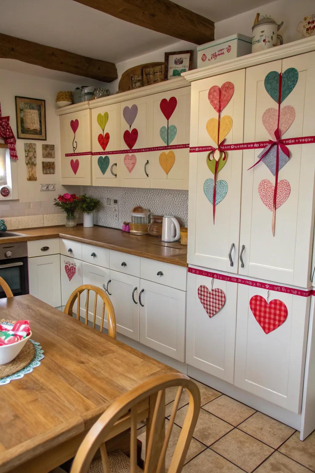 Felt heart wraps add charm to kitchen cabinets.