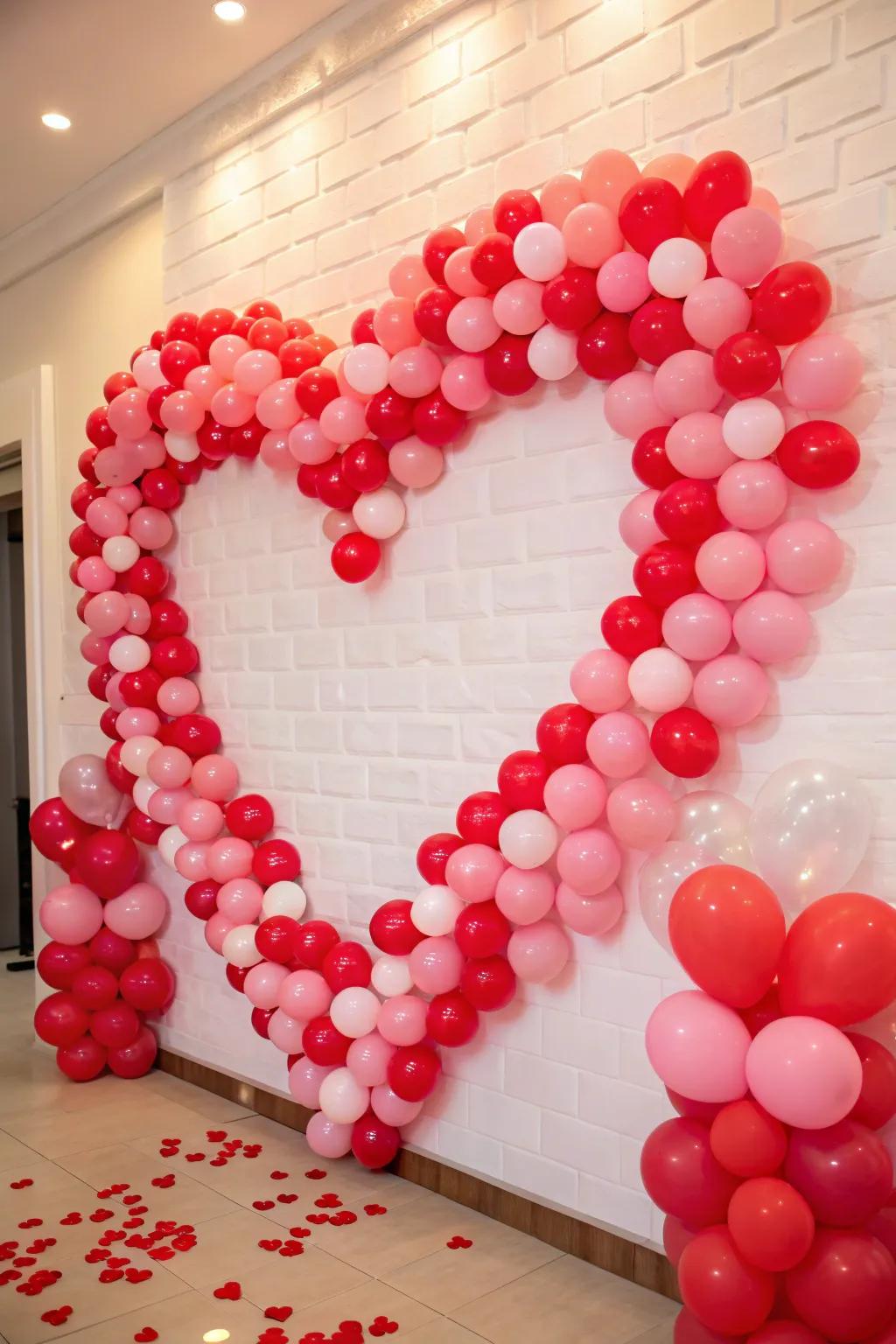 Balloon heart backdrop creates a festive photo area.