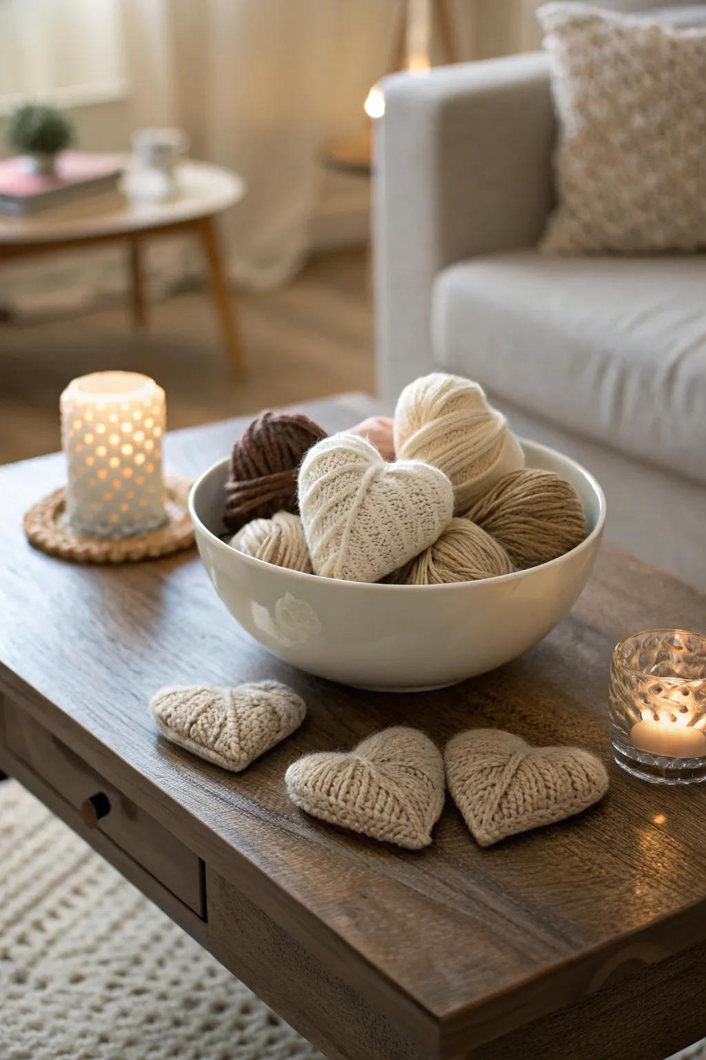 Yarn-wrapped hearts add a rustic, cozy feel.