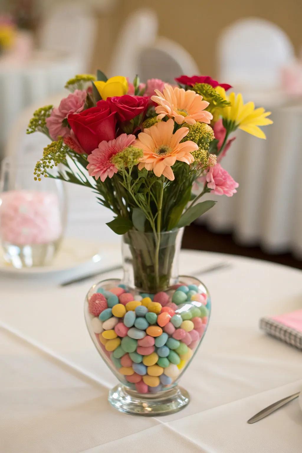 Candy heart vase adds a colorful twist to floral arrangements.