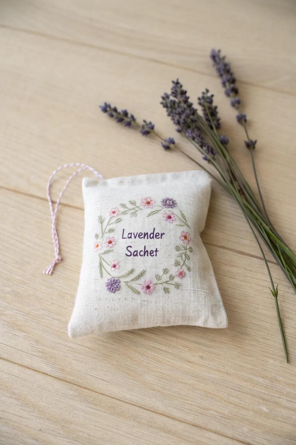 Lavender sachets personalized with delicate embroidery for a special touch.