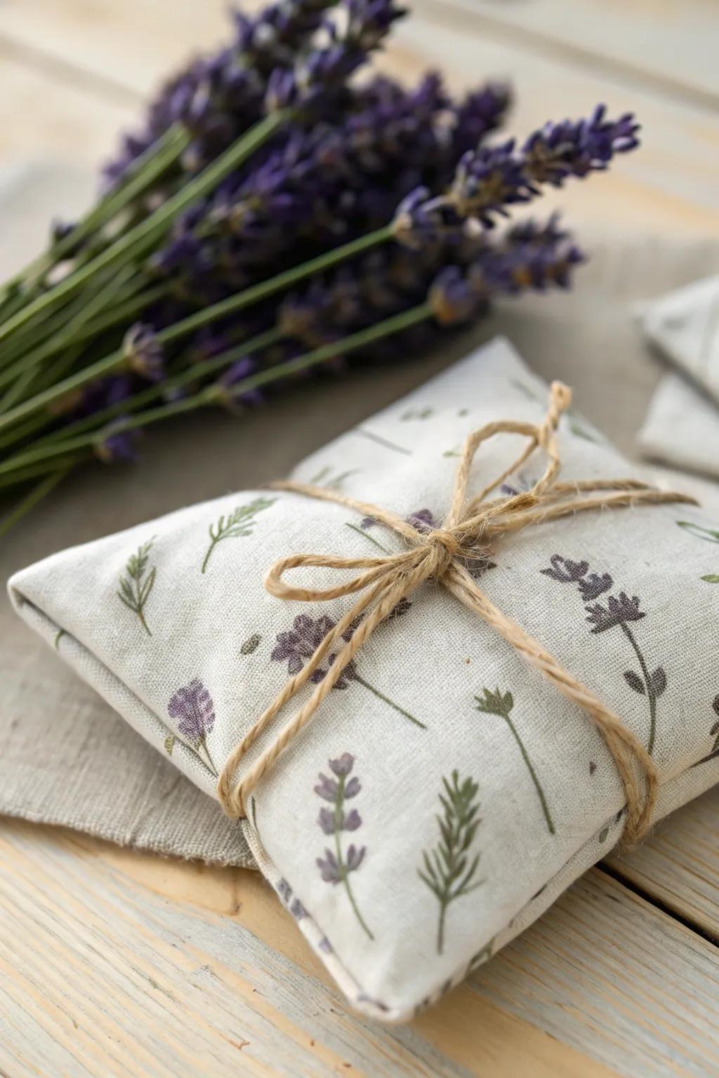 Rustic lavender sachets made from upcycled tea towels, perfect for a cozy home.