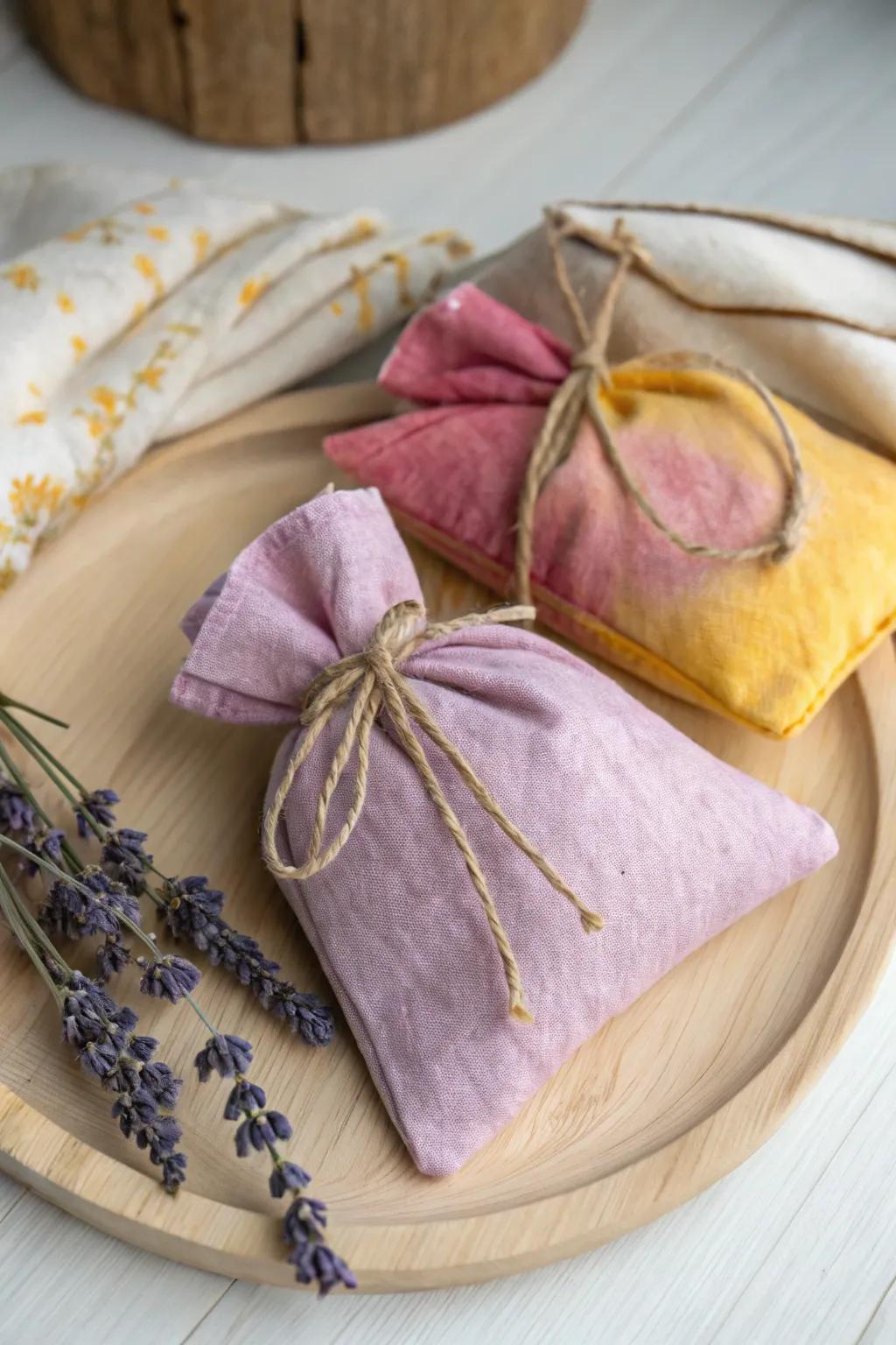 Lavender sachets crafted with naturally dyed fabrics for a warm, organic look.